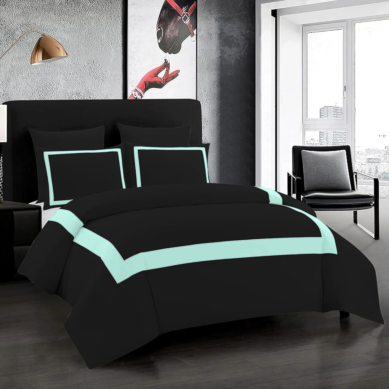 DNG Creations 5 Piece Full Black And Auqa Blue Border Line Pattern Duvet Cover - 100% Egyptian Cotton, 800 Thread Count ( California King )
