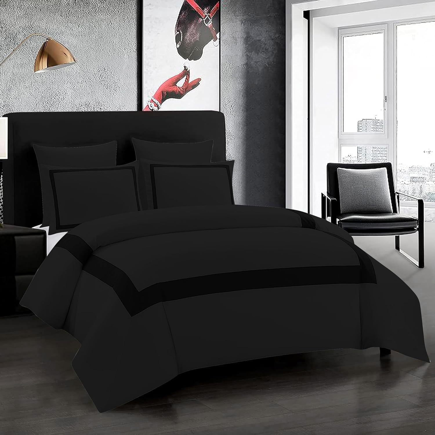 DNG Creations 5 Piece Full Black And Black Border Line Pattern Duvet Cover - 100% Egyptian Cotton, 800 Thread Count ( Twin/Twin XL )