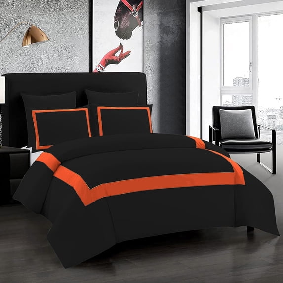 DNG Creations 5 Piece Full Black And Orange Border Line Pattern Duvet Cover - 100% Egyptian Cotton, 800 Thread Count ( Oversized King )