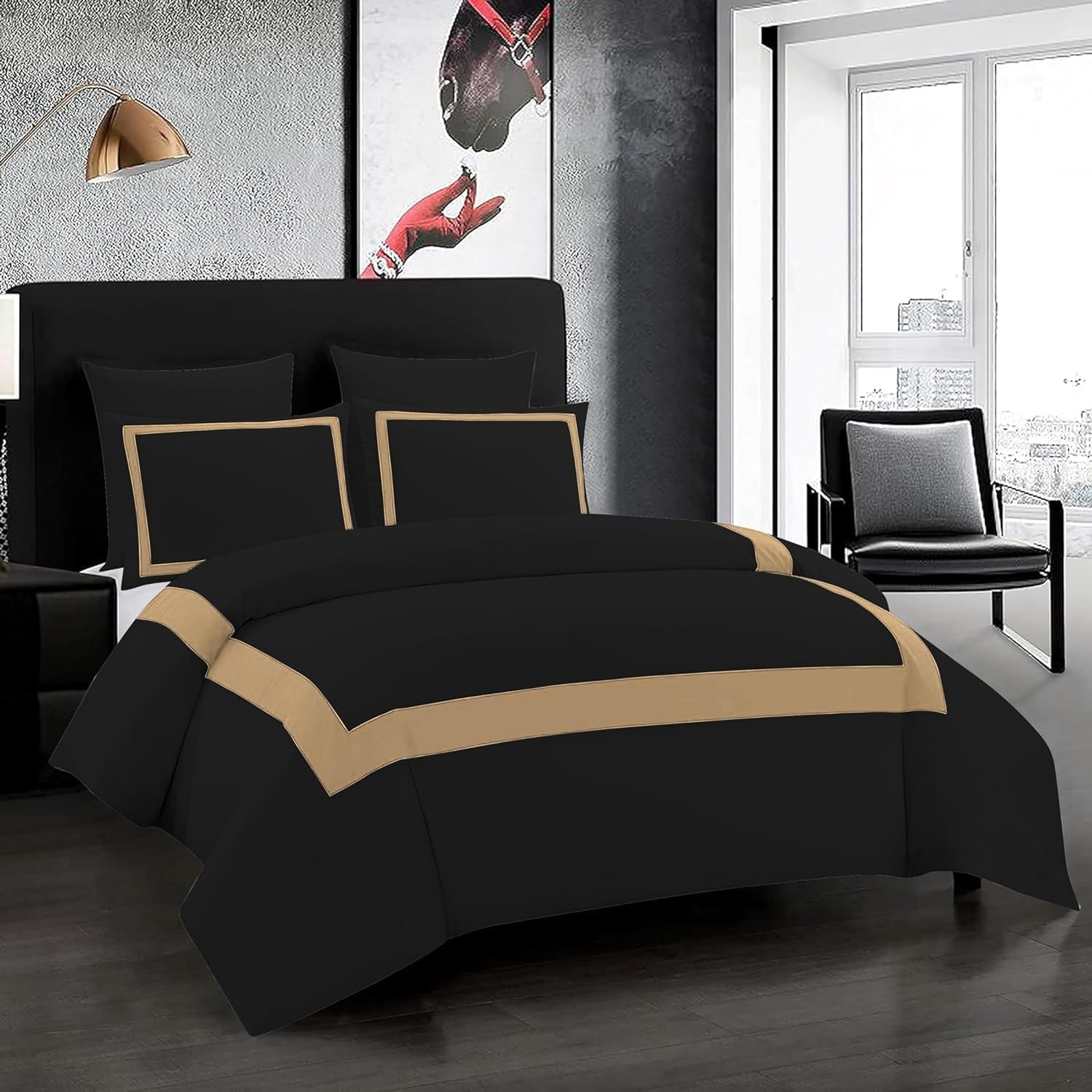 DNG Creations 5 Piece Full Black And Taupe Border Line Pattern Duvet Cover - 100% Egyptian Cotton, 800 Thread Count ( California King )