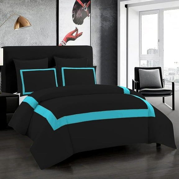 DNG Creations 5 Piece Full Black And Turquoise Blue Border Line Pattern Duvet Cover - 100% Egyptian Cotton, 800 Thread Count ( Oversized King )