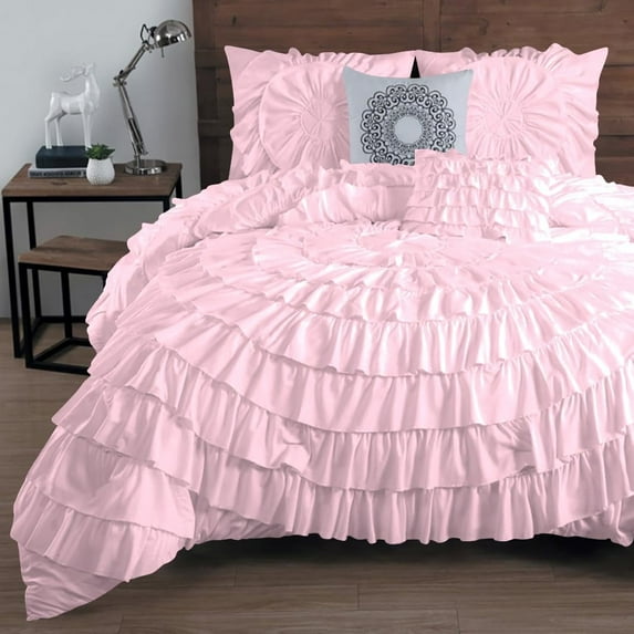 DNG Creations 5 Piece Luxury Circle Ruffle Comforter with 1 Freebie Ruffle Pillow All-season 550 GSM 800TC, 100% Egyptian Cotton ( Full/Queen Size ) Solid Baby Pink Colour
