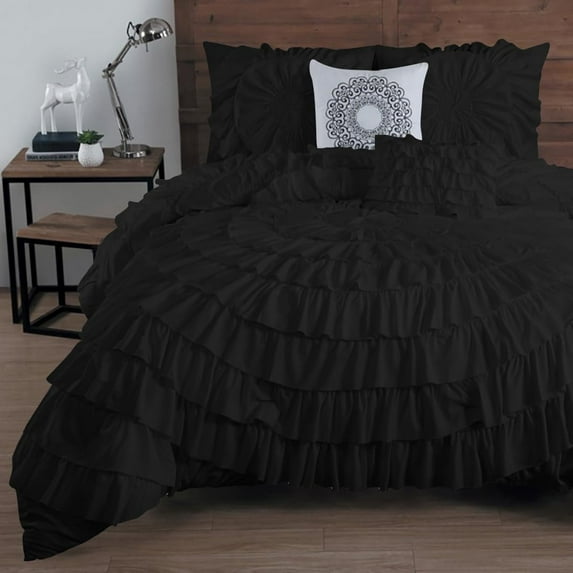 DNG Creations 5 Piece Luxury Circle Ruffle Comforter with 1 Freebie Ruffle Pillow All-season 550 GSM 800TC, 100% Egyptian Cotton ( Full/Queen Size ) Solid Black Colour