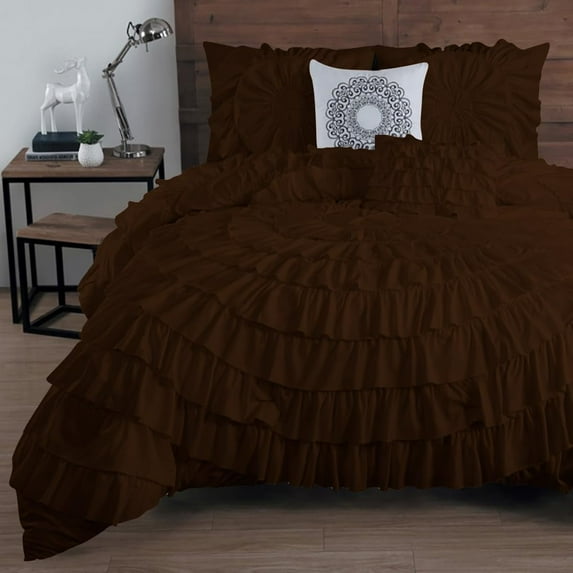 DNG Creations 5 Piece Luxury Circle Ruffle Comforter with 1 Freebie Ruffle Pillow All-season 550 GSM 800TC, 100% Egyptian Cotton ( Twin/Twin XL Size ) Solid Chocolate Colour