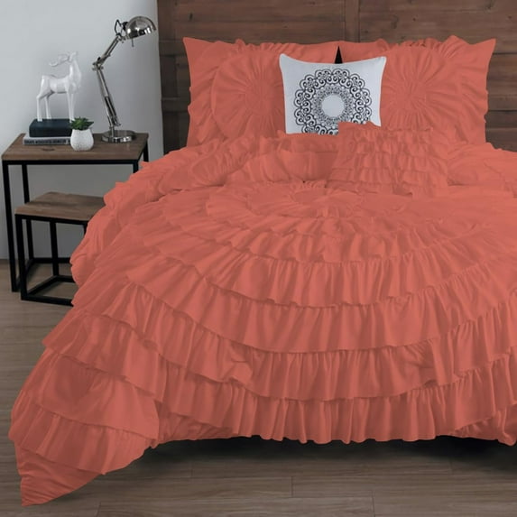 DNG Creations 5 Piece Luxury Circle Ruffle Comforter with 1 Freebie Ruffle Pillow All-season 550 GSM 800TC, 100% Egyptian Cotton ( Full/Queen Size ) Solid Brick Red Colour