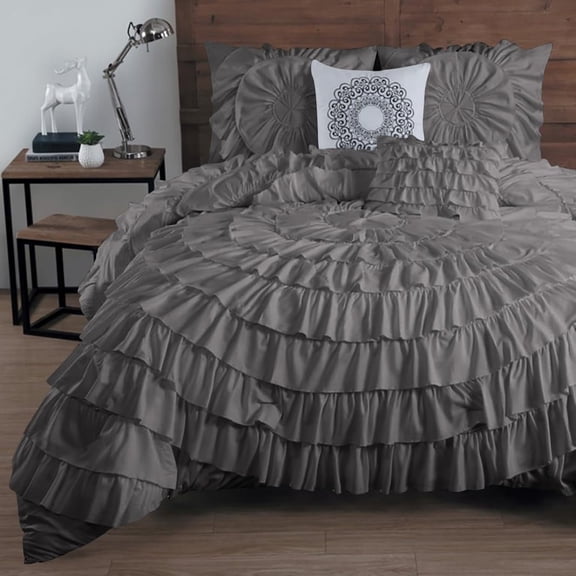 DNG Creations 5 Piece Luxury Circle Ruffle Comforter with 1 Freebie Ruffle Pillow All-season 550 GSM 800TC, 100% Egyptian Cotton ( Oversized Queen Size ) Solid Dark Grey Colour