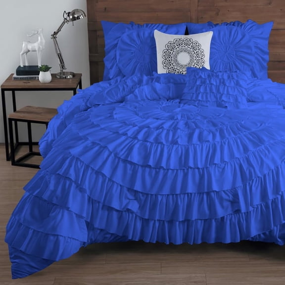 DNG Creations 5 Piece Luxury Circle Ruffle Comforter with 1 Freebie Ruffle Pillow All-season 550 GSM 800TC, 100% Egyptian Cotton ( Oversized Queen Size ) Solid Royal Blue Colour