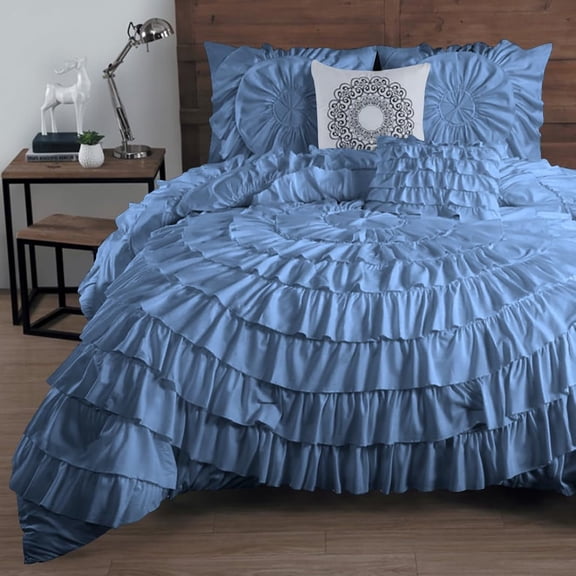 DNG Creations 5 Piece Luxury Circle Ruffle Comforter with 1 Freebie Ruffle Pillow All-season 550 GSM 800TC, 100% Egyptian Cotton ( Oversized Queen Size ) Solid Medium Blue Colour