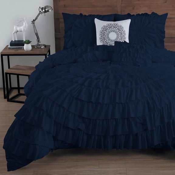 DNG Creations 5 Piece Luxury Circle Ruffle Comforter with 1 Freebie Ruffle Pillow All-season 550 GSM 800TC, 100% Egyptian Cotton ( Oversized Queen Size ) Solid Navy Blue Colour