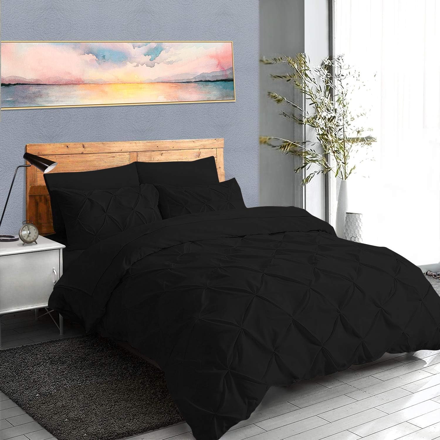DNG Creations 5 Piece Pinch Pleated Duvet Cover 800 Threads Count, 100% Egyptian Cotton - With Zipper Closure & Corner Ties ( Solid Black - Oversized King )