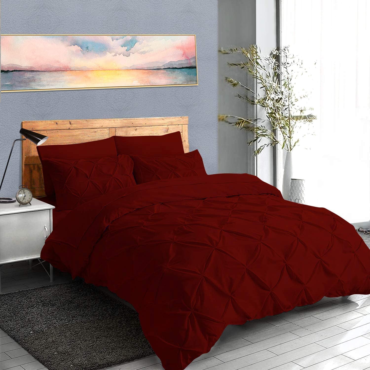 DNG Creations 5 Piece Pinch Pleated Duvet Cover 800 Threads Count, 100% Egyptian Cotton - With Zipper Closure & Corner Ties ( Solid Burgundy - Twin/Twin XL )