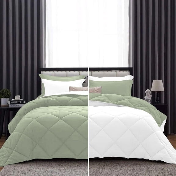DNG Creations 5 Piece Reversible Diamond Pattern Comforter All Season 550 GSM - California King - Size ( Light-Sage/White Colour ) 800 Threads Count, 100% Egyptian Cotton