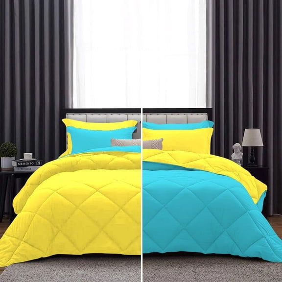 DNG Creations 5 Piece Reversible Diamond Pattern Comforter ( Yellow/Turquoise-Blue Colour ) 550 GSM All - Season 100% Egyptian Cotton, 800 TC - Twin/ Twin XL - Size