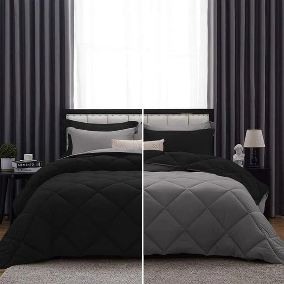 DNG Creations 5 Piece Reversible Diamond Pattern Solid Comforter 800 Threads Count ( Oversized King - Size ) 100% Egyptian Cotton All-Season 550 GSM ( Dark-Grey/Black Colour )