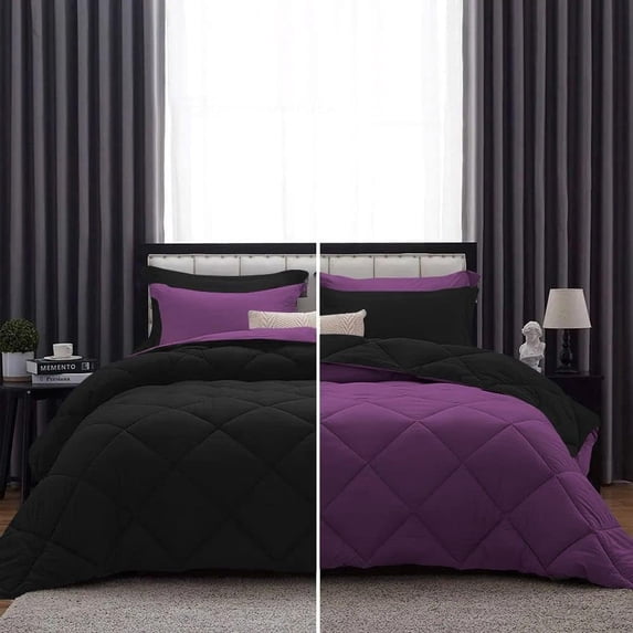 DNG Creations 5 Piece Reversible Diamond Pattern Solid Comforter 800 Threads Count ( Oversized King - Size ) 100% Egyptian Cotton All-Season 550 GSM ( Plum/Black Colour )