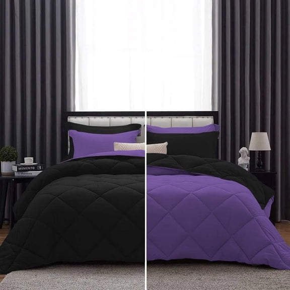 DNG Creations 5 Piece Reversible Diamond Pattern Solid Comforter 800 Threads Count ( Oversized King - Size ) 100% Egyptian Cotton All-Season 550 GSM ( Purple/Black Colour )