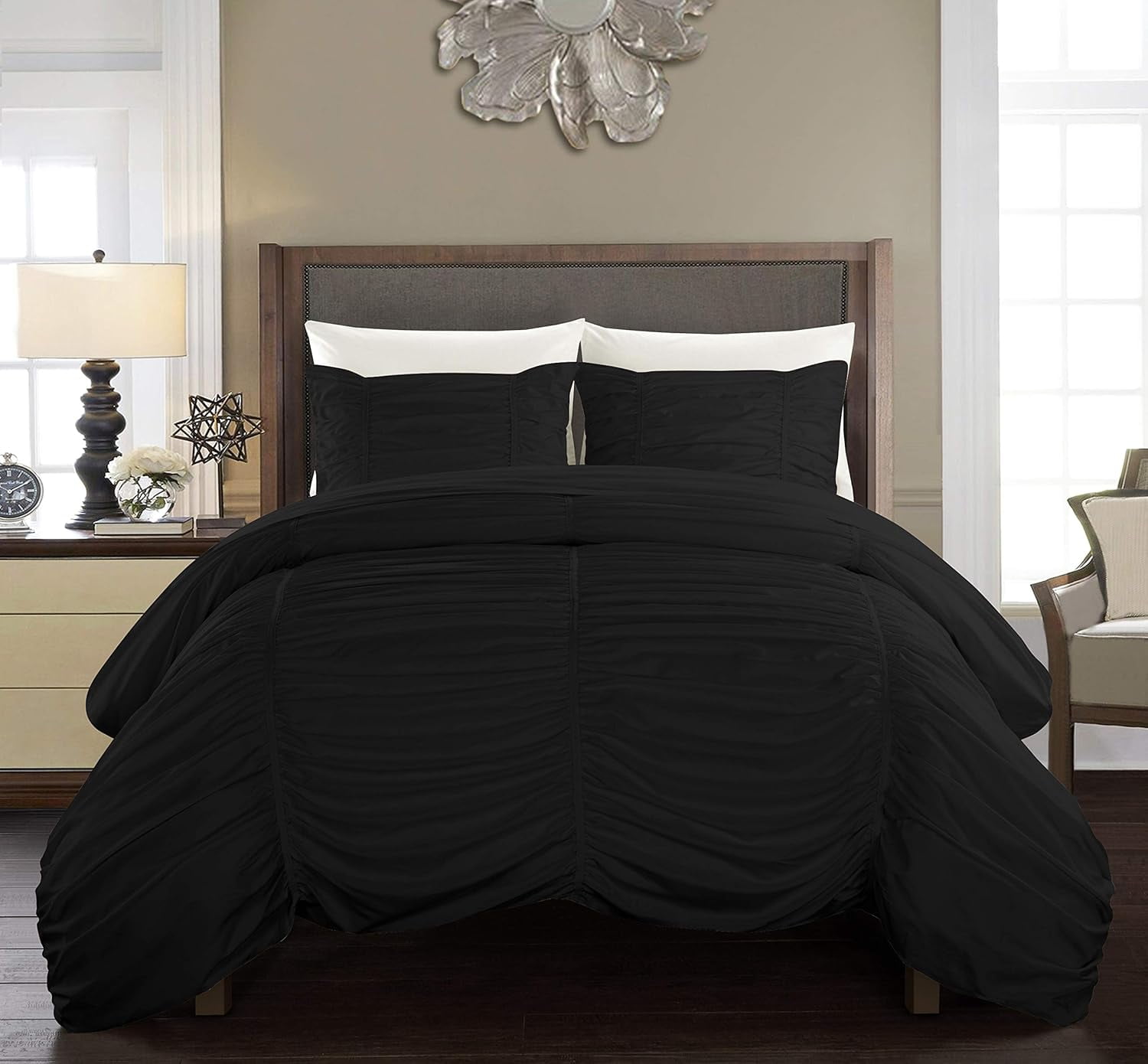 DNG Creations 5 Piece Ruched Pattern Duvet Cover 100% Egyptian Cotton, 800 TC- With Zipper Closure & Corner Ties ( Solid Black - Oversized King )