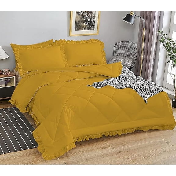 DNG Creations 5 Piece Ruffle Diamond Comforter All Season 550 GSM Full/Queen Size - 800 Threads Count, 100% Egyptian Cotton Solid Gold Colour