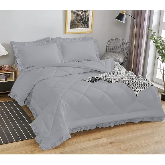 DNG Creations 5 Piece Ruffle Diamond Comforter All Season 550 GSM Oversized Queen Size - 800 Threads Count, 100% Egyptian Cotton Solid Silver Colour