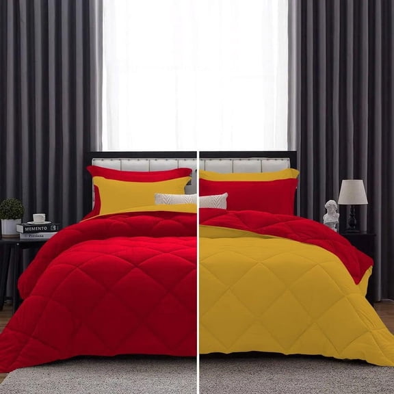 DNG Creations 5 Piece Solid Reversible Diamond Pattern Comforter 550 GSM All Season 800 TC, 100% Egyptian Cotton - Full/ Queen - Size ( Gold/Red Colour )