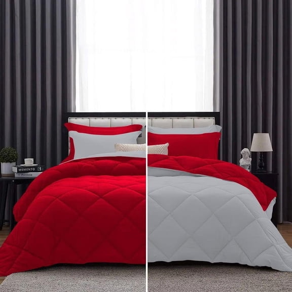 DNG Creations 5 Piece Solid Reversible Diamond Pattern Comforter 550 GSM All Season 800 TC, 100% Egyptian Cotton - Full/ Queen - Size ( Silver/Red Colour )