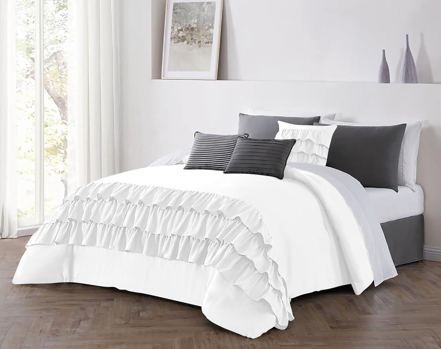 White Ruffle Doona DNG Creations 5 Piece Three Line Ruffle Duvet Cover With Zipper Closure ...