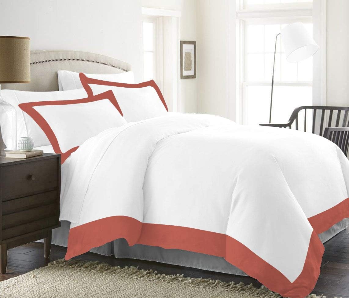 DNG Creations 5 Piece Two Tone Duvet Cover 100% Egyptian Cotton, 800 Threads Count With Zipper Closure & Corner Ties ( Solid White/ Brick Red - Oversized King )