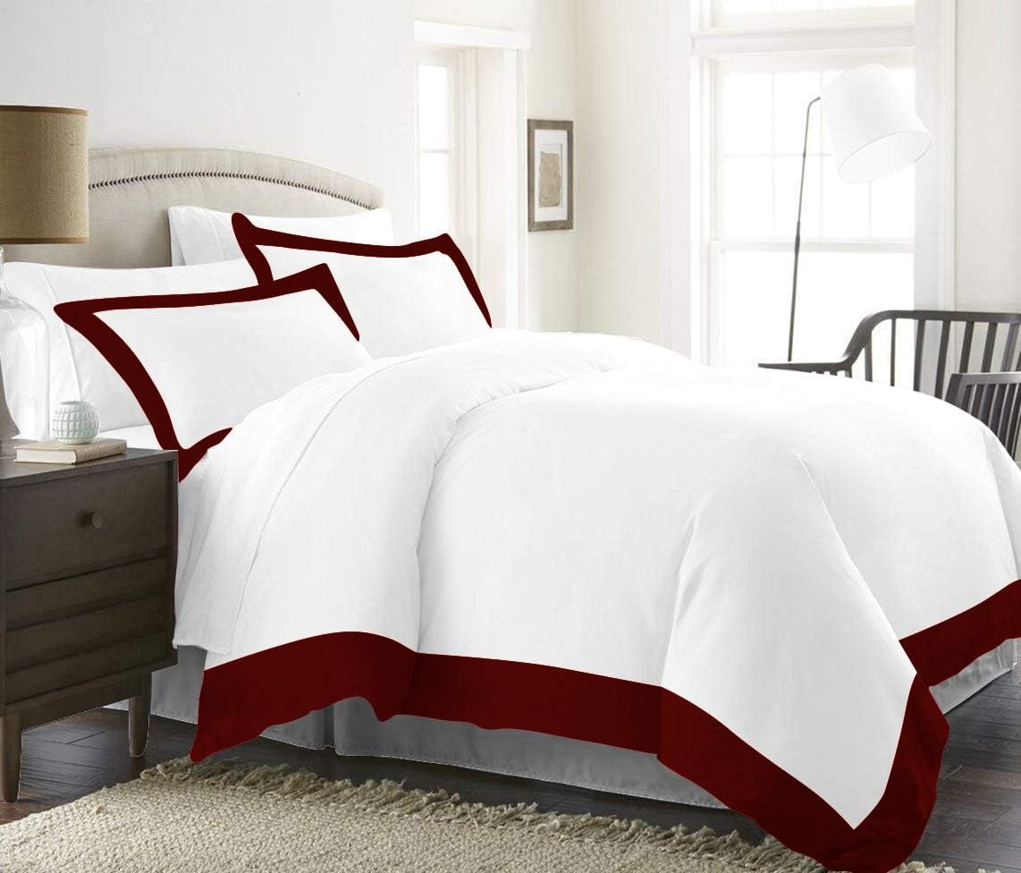 DNG Creations 5 Piece Two Tone Duvet Cover 100% Egyptian Cotton, 800 Threads Count With Zipper Closure & Corner Ties ( Solid White/ Burgundy - California King )