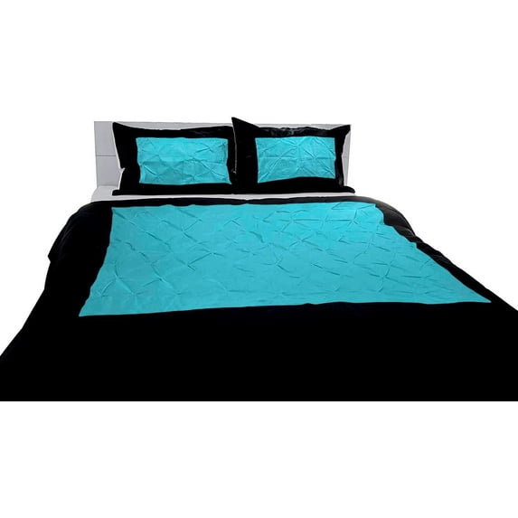 DNG Creations 5 Piece Two Tone Pinch Pleated Duvet Cover With Zipper Closure & Corner Ties 100% Egyptian Cotton ( Solid Black/ Turquoise Blue - Oversized King )