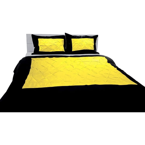 DNG Creations 5 Piece Two Tone Pinch Pleated Duvet Cover With Zipper Closure & Corner Ties 100% Egyptian Cotton ( Solid Black/ Yellow - Twin/Twin XL )