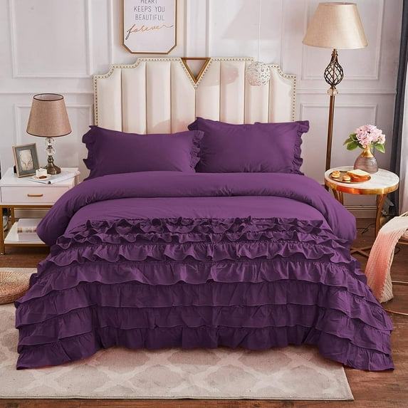 DNG Creations 5 Piece Vintage Ruffle Duvet Cover 100% Egyptian Cotton, 800 Threads Count - With Zipper & Corner Ties ( Oversized Queen - Solid Plum )