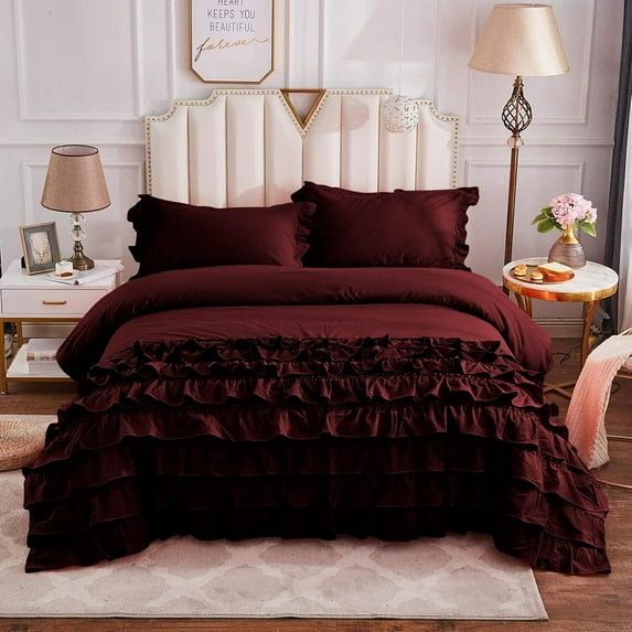 DNG Creations 5 Piece Vintage Ruffle Duvet Cover 100% Egyptian Cotton, 800 Threads Count - With Zipper & Corner Ties ( Oversized Queen - Solid Wine )