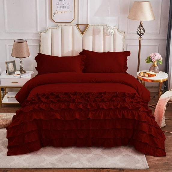DNG Creations 5 Piece Vintage Ruffle Duvet Cover 100% Egyptian Cotton, 800 Threads Count - With Zipper & Corner Ties ( California King - Solid Burgundy )