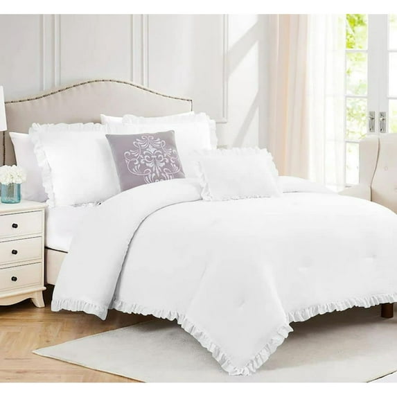 DNG Creations 5 Piece Vintage Ruffle Pattern Comforter Set Premium Ultra Soft 550 GSM All Season ( Full/Queen Size ) 100% Egyptian Cotton Solid White Colour