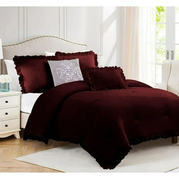 DNG Creations 5 Piece Vintage Ruffle Pattern Comforter Set Premium Ultra Soft 550 GSM All Season ( King/Cal King Size ) 100% Egyptian Cotton Solid Wine Colour