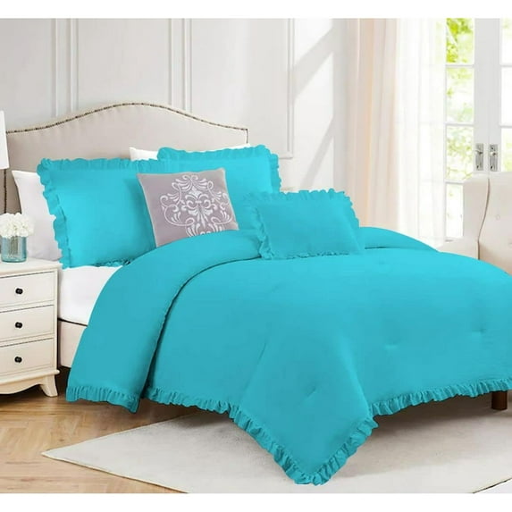 DNG Creations 5 Piece Vintage Ruffle Pattern Comforter Set Premium Ultra Soft 550 GSM All Season ( Oversized Queen Size ) 100% Egyptian Cotton Solid Turquoise Blue Colour