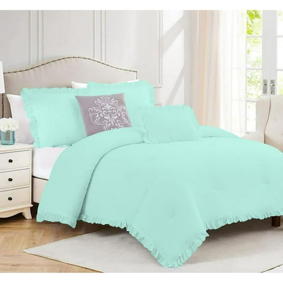 DNG Creations 5 Piece Vintage Ruffle Pattern Comforter Set Premium Ultra Soft 550 GSM All Season ( Twin/Twin XL Size ) 100% Egyptian Cotton Solid Auqa Blue Colour