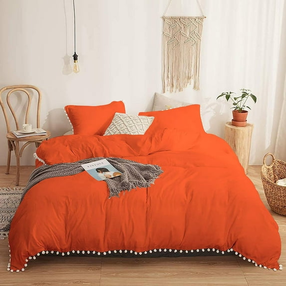 DNG Creations 5 Piece White Pom Pom Duvet Cover with Zipper Closure, 100% Egyptian Cotton, 800 Thread Cotton ( Full/Queen - Solid Orange )