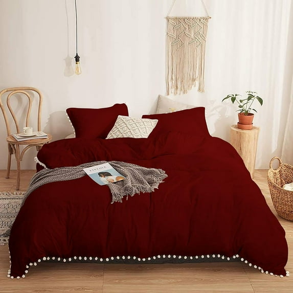DNG Creations 5 Piece White Pom Pom Duvet Cover with Zipper Closure, 100% Egyptian Cotton, 800 Thread Cotton ( Oversized Queen - Solid Burgundy )
