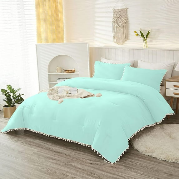 DNG Creations 5 Piece White Pom-Pom Fringe Plain Pattern Comforter ( Full/Queen Size ) 100% Egyptian Cotton with 800 Threads Count - Solid Auqa Blue Colour