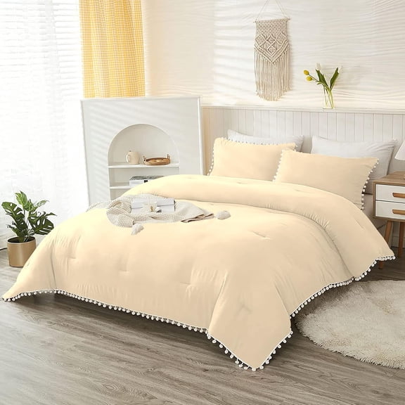 DNG Creations 5 Piece White Pom-Pom Fringe Plain Pattern Comforter ( Oversized King Size ) 100% Egyptian Cotton with 800 Threads Count - Solid Ivory Colour