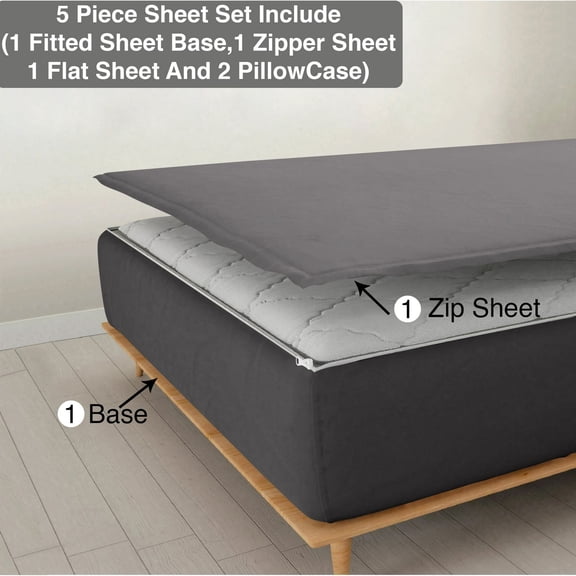 DNG Creations 5 Piece Zipper Sheet Set - Include (1 Elastic Fitted Sheet , 1 Base Sheet has Zipper, 1 Flat Sheet And 2 Pillowcase) 12 Inch Deep Pocket ( Solid Dark-Grey - Olympic Queen )