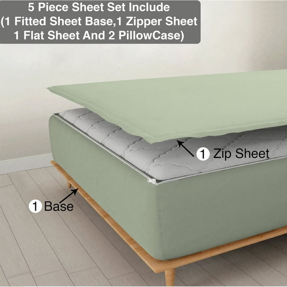 DNG Creations 5 Piece Zipper Sheet Set - Include (1 Elastic Fitted Sheet , 1 Base Sheet has Zipper, 1 Flat Sheet And 2 Pillowcase) 12 Inch Deep Pocket ( Solid Light Sage - Olympic Queen )