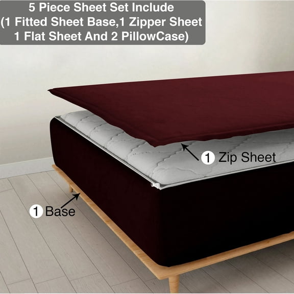 DNG Creations 5 Piece Zipper Sheet Set - Include (1 Elastic Fitted Sheet , 1 Base Sheet has Zipper, 1 Flat Sheet And 2 Pillowcase) 12 Inch Deep Pocket ( Solid Wine - Twin )