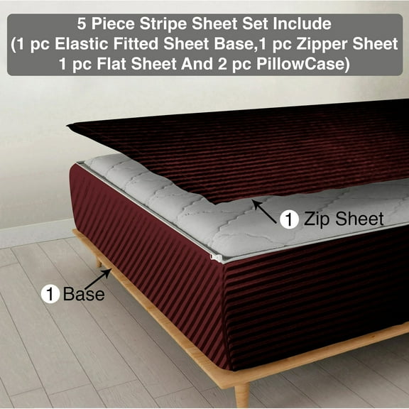 DNG Creations 5 Piece Zipper Sheet Set - Include (1 Elastic Fitted Sheet, 1 Base Sheet has Zipper, 1 Flat Sheet And 2 Pillowcase) 15 Inch Deep Pocket ( Stripe Wine - Twin )