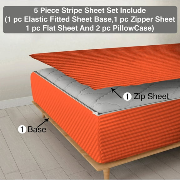 DNG Creations 5 Piece Zipper Sheet Set - Include (1 Elastic Fitted Sheet, 1 Base Sheet has Zipper, 1 Flat Sheet And 2 Pillowcase) 18 Inch Deep Pocket ( Stripe Orange - Twin )