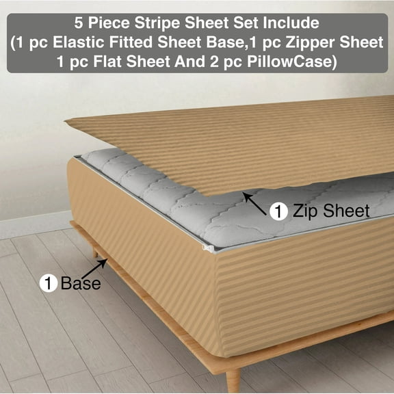 DNG Creations 5 Piece Zipper Sheet Set - Include (1 Elastic Fitted Sheet, 1 Base Sheet has Zipper, 1 Flat Sheet And 2 Pillowcase) 18 Inch Deep Pocket ( Stripe Taupe - Olympic Queen )