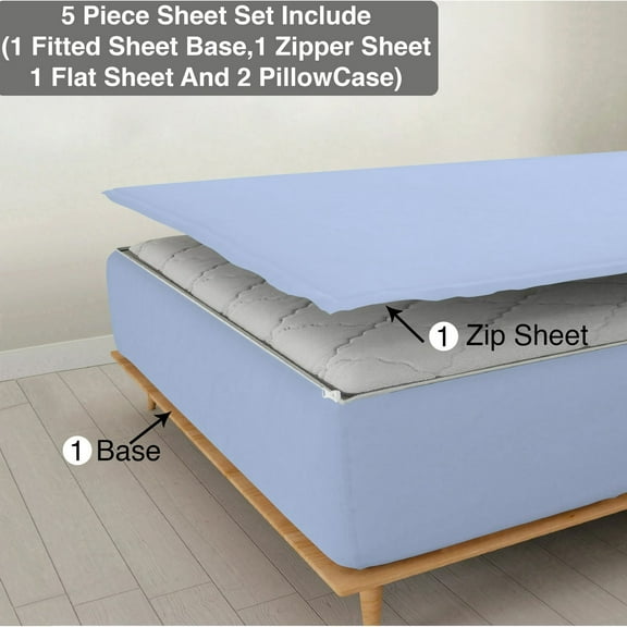 DNG Creations 5 Piece Zipper Sheet Set - Include (1 Elastic Fitted Sheet , 1 Base Sheet has Zipper, 1 Flat Sheet And 2 Pillowcase) 24 Inch Deep Pocket ( Solid Aqua Blue - Olympic Queen )