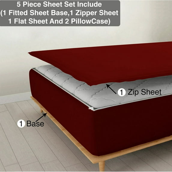 DNG Creations 5 Piece Zipper Sheet Set - Include (1 Elastic Fitted Sheet , 1 Base Sheet has Zipper, 1 Flat Sheet And 2 Pillowcase) 24 Inch Deep Pocket ( Solid Burgundy - Twin XL )