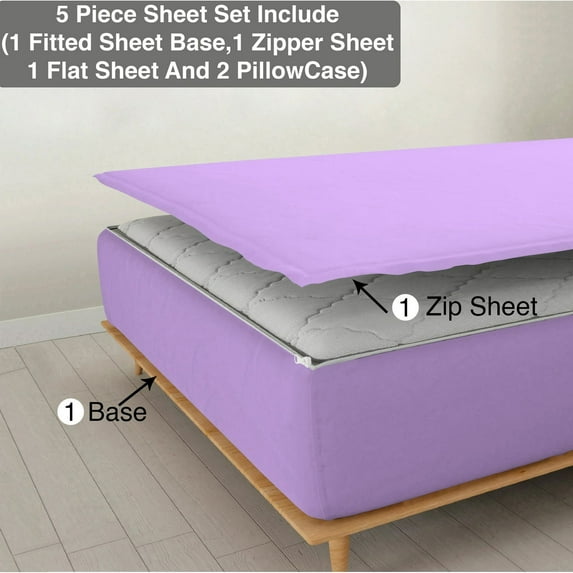 DNG Creations 5 Piece Zipper Sheet Set - Include (1 Elastic Fitted Sheet , 1 Base Sheet has Zipper, 1 Flat Sheet And 2 Pillowcase) 24 Inch Deep Pocket ( Solid Lilac - Queen )